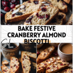 Golden Cranberry Almond Biscotti on a tray next to coffee cups and dried cranberries. 26